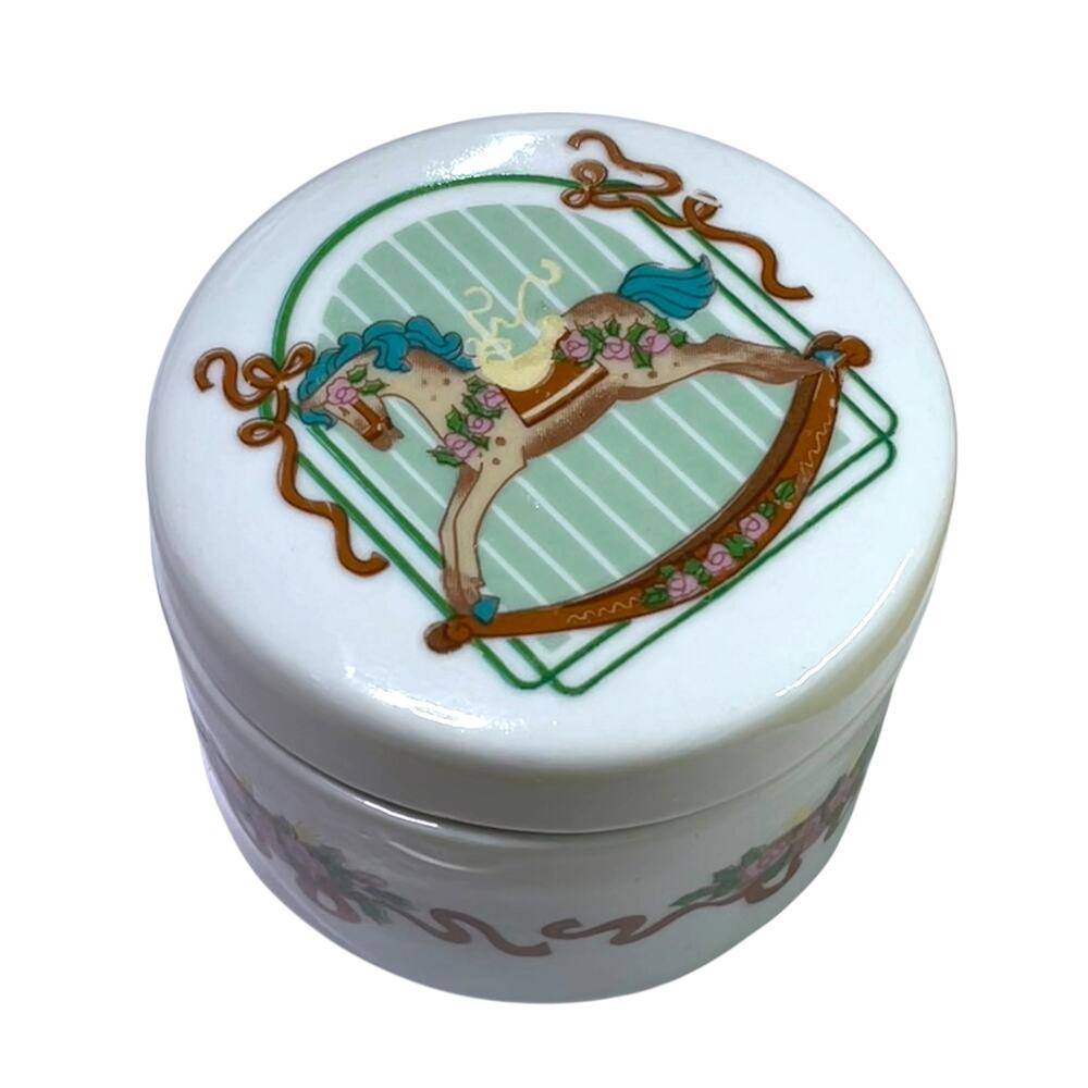 Vintage Rocking Horse Ceramic Trinket Box Candle Holder Floral 3"